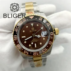 BLIGER 40mm Luxury NH34 GMT Watch For Men Two Tone Yellow Gold Bracelet Brown Dial Green Luminous Sapphire Glass Waterproof Date