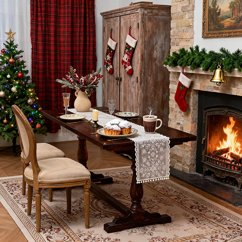 البوهيمي الكروشيه مكرميه الجدول عداء مع شرابات البيج الدانتيل مفرش المائدة خمر لمزرعة حفل زفاف زينة عيد الميلاد #2