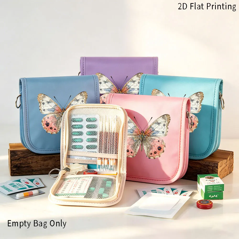 Watercolor Butterfly Print Portable Medicine Bag, Multi Compartments Double Mesh Pocket, Lightweight First Aid Pouch for Travel