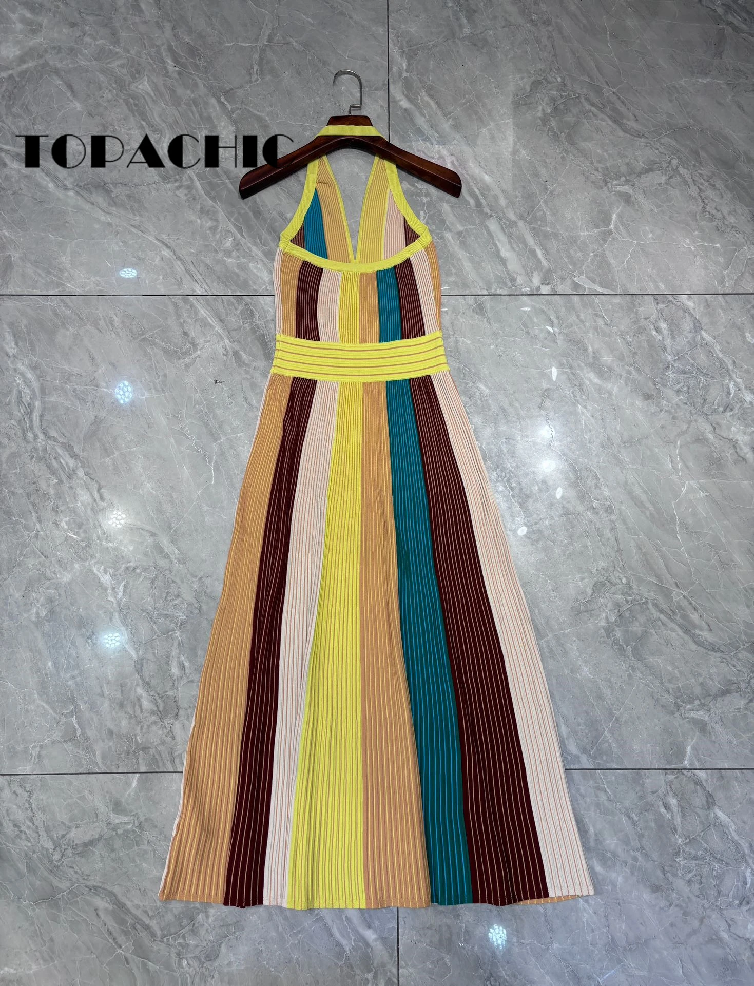 5.8 TOPACHIC-Women\'s Elegant Striped Contrast Color High Collect Waist Long Dress Sexy Backless Halter Sleeveless Knit Dress