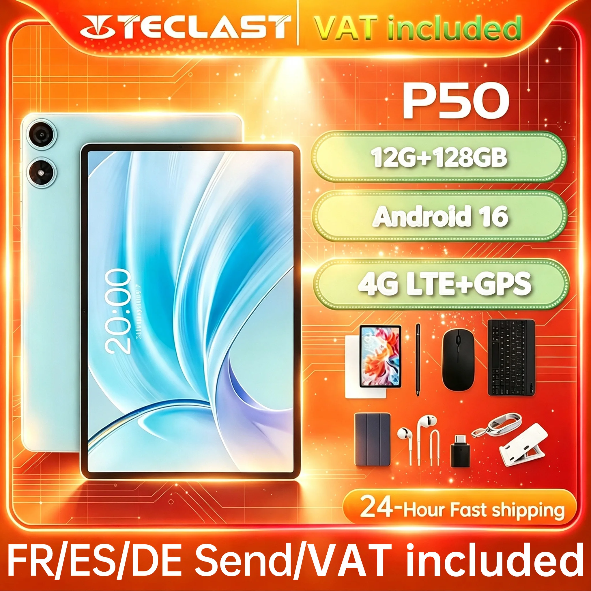 2026 Teclast P50 Tablet 11 Zoll HD IPS Display, 12GB RAM (4GB + 8GB) 128GB ROM Unisoc T606 Octa-Core-Prozessor Android 16 Dual-Band WLAN Bluetooth 5.0 7000mAh Typ-C 13MP + 5MP Tragbares Lern- und