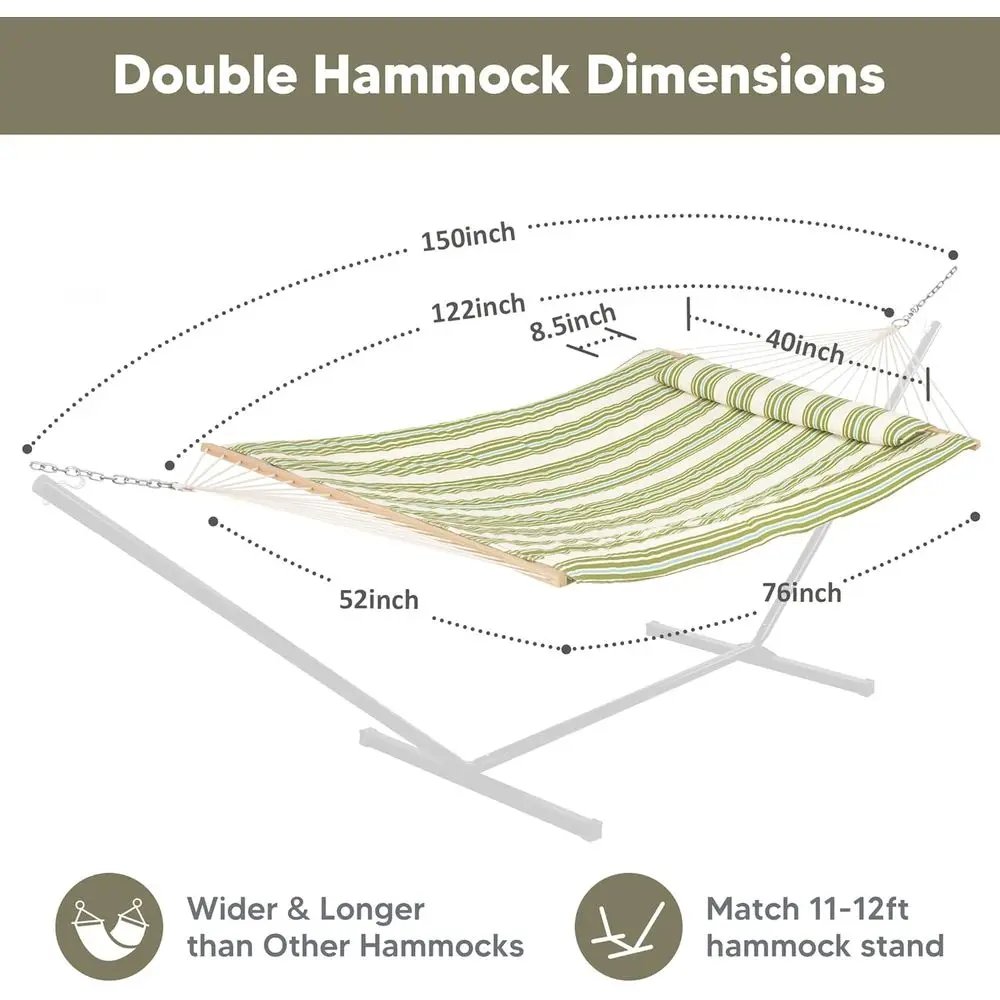 Double Camping Hammock with Wooden Spreader and Polyester Pad, Green & Beige