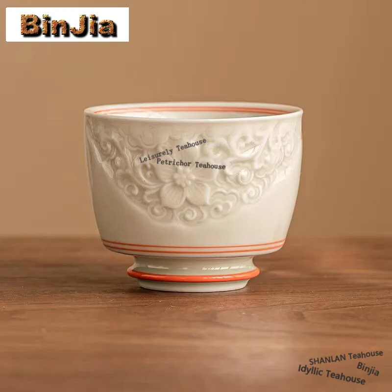50ml Hand Drawn Double Line High Foot Tea Cup Relief Peach Blossom Single Master Cup Personal Tea Bowl Coffee Mug Kung Fu Teaset