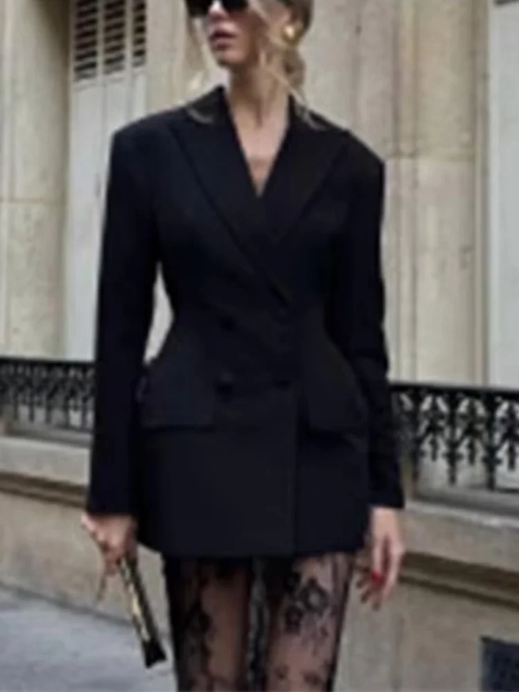 

HH Women Fashion 3 Color Solid Suit Turn-Down Collar Pockets Double-Breasted Blazers Coats+High Waist Zipper Lace Long Skirt