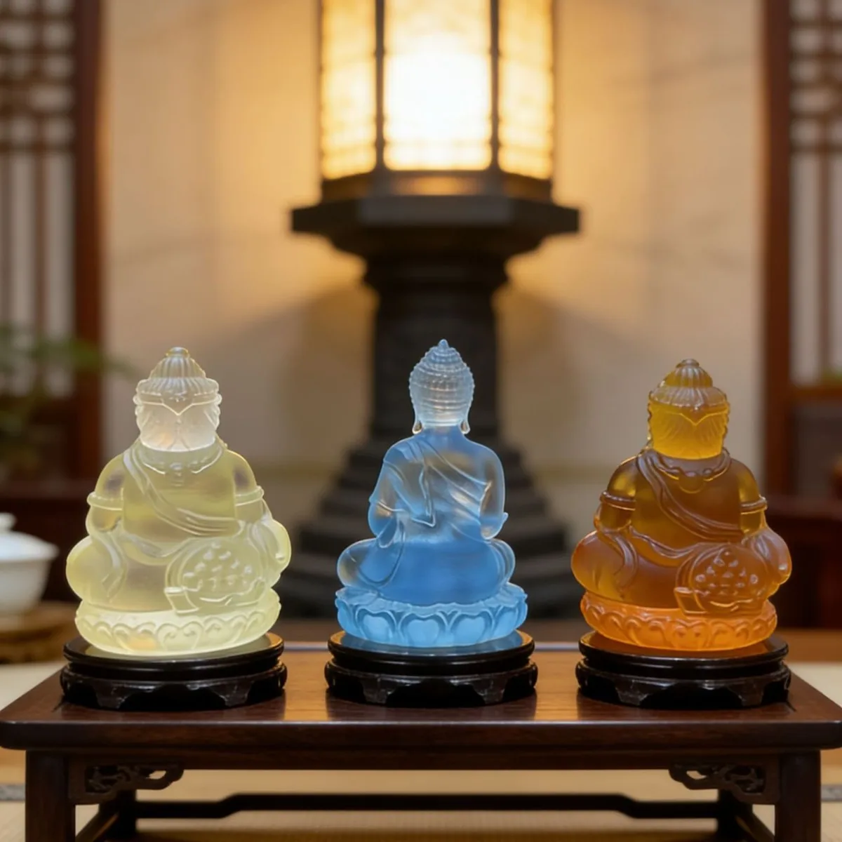 Ancient method colored glaze Yellow Jambhala Buddha statue ornament, car-mounted Medicine Buddha, home decoration, car interior