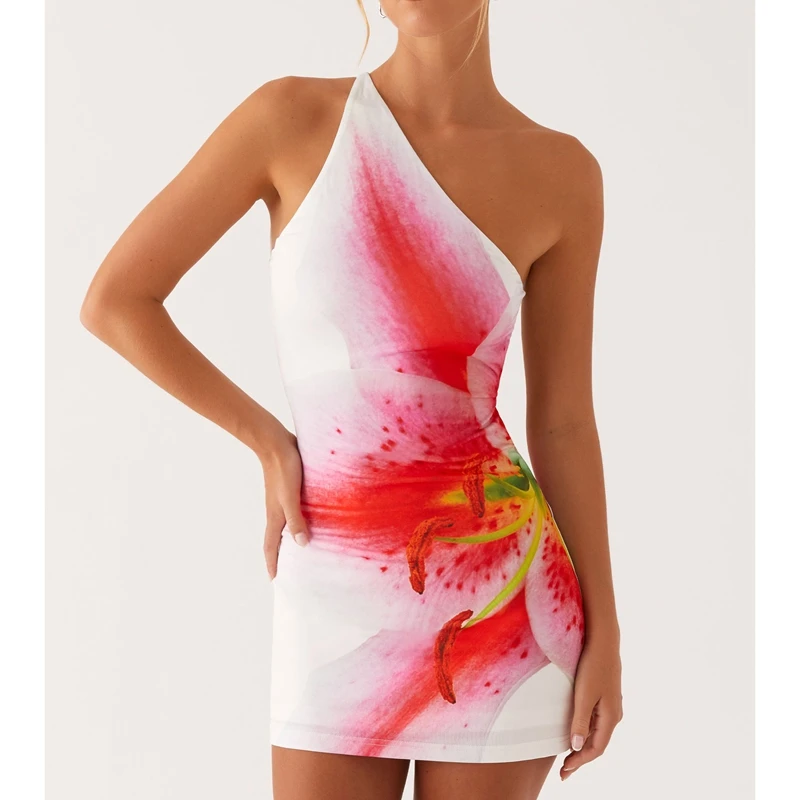 Combhasaki Women Summer Sleeveless Lace-up Bandage Backless One Shoulder Floral Tie-dye Print Bodycon Straight Short Mini Dress