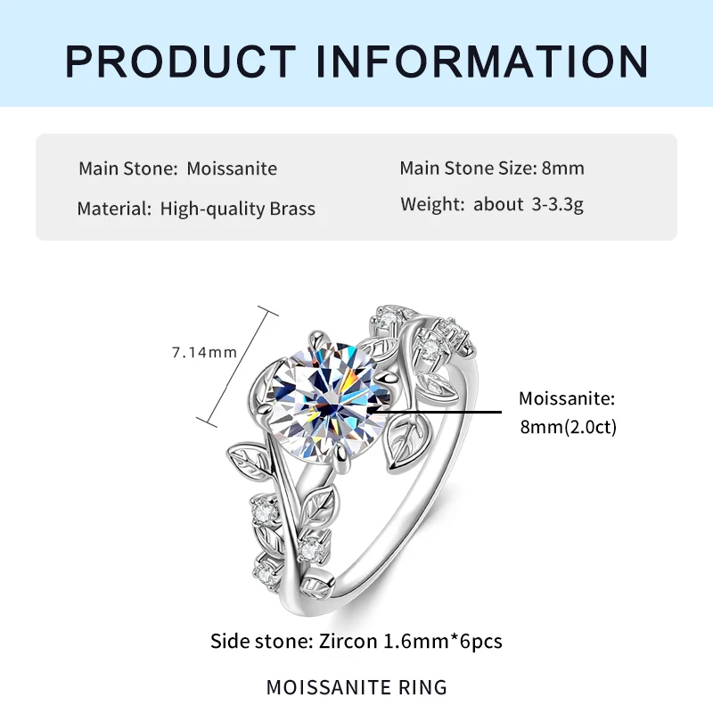 IOGOU Solitaire 8 mm runder D-Farbe-VVS1-Moissanit-Verlobungsring, zertifizierter 2-Karat-Labordiamant, Damen-Ehering, Schmuck – Detail 3