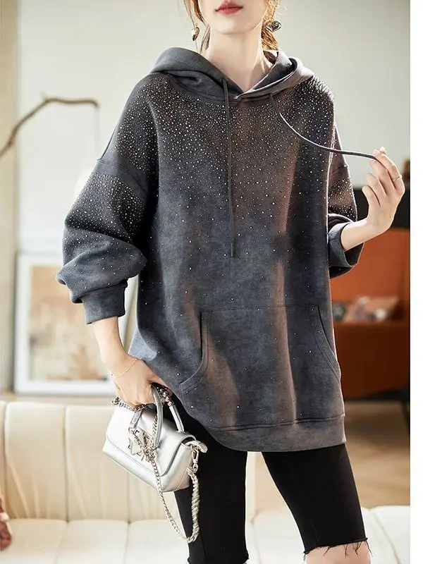 

Модная толстовка больших размеров с длинными рукавами, блестящая, с декоративными элементами, повседневная, свободного кроя, с эффектом похудения, удобная, в корейском стиле