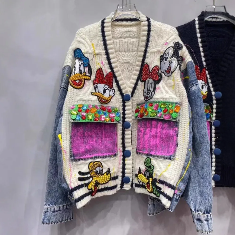 

Miniso Cartoon Beaded Denim Splicing Knitted Cardigan 2025 Autumn and Winter Loose Casual Versatile Sweater Jacket