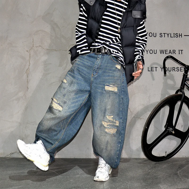 

American High Street Vibe Dirty Wash Destroyed Wide Leg Jeans Men, Loose Curved Stacked Denim Trousers