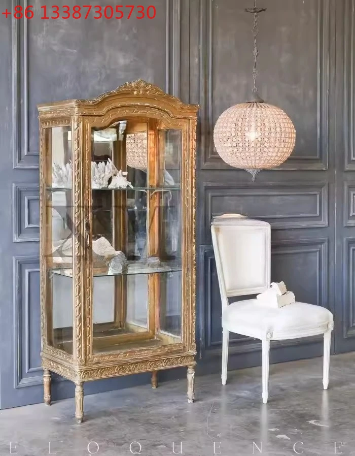 

French solid wood furniture European gold bookcase small apartment type old glass cabinet