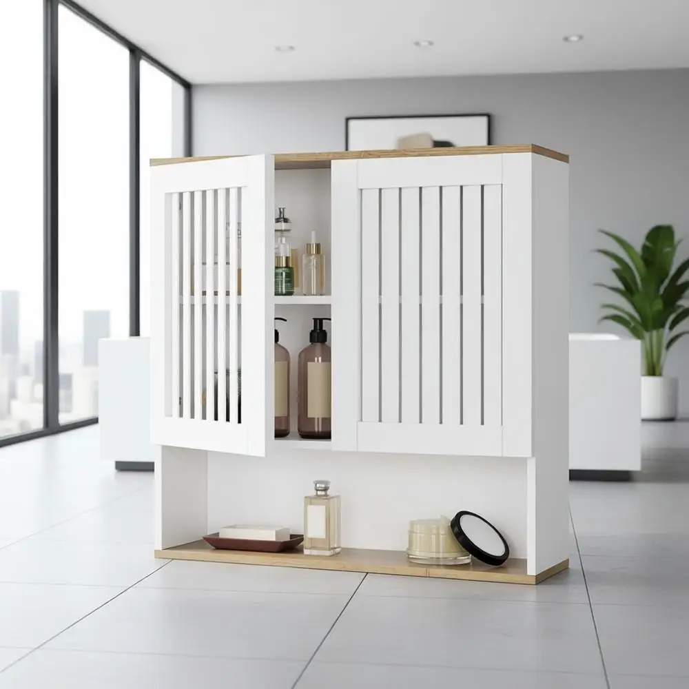 

Белый настенный шкаф с жалюзийными дверцами для хранения в ванной и прачечной