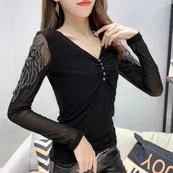 #8161 Spring Autumn Black Leopard T Shirt Women V Neck Buttons Spliced Mesh Long Sleeves Diamonds Women T Shirt Korean Style