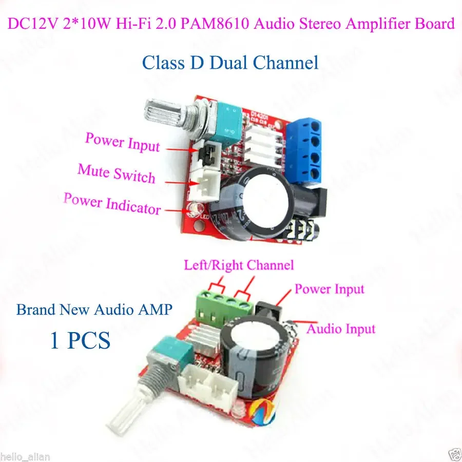 DC 12V Audio Stereo Power Amplifier AMP Board D Class Dual Channel 10W+10W Hi-Fi 2.0 Module