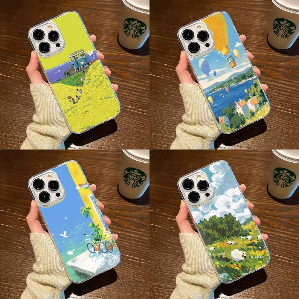 

Gouache landscape painting Phone Case For iPhone17,16,15,14,13,12,11 Plus,Pro Max Soft Transparent Cover