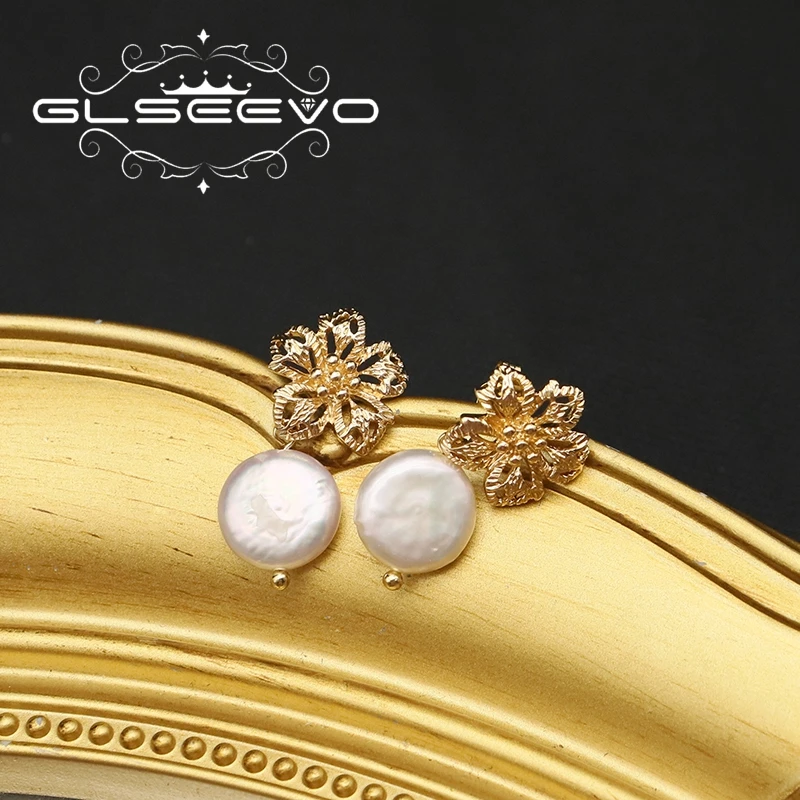 GLSEEVO Fashion Hollow Metal Flowers Baroque Pearl Woman Drop Earrings Temperament Simple Trendy Girls Party Gift Jewelry GE1180