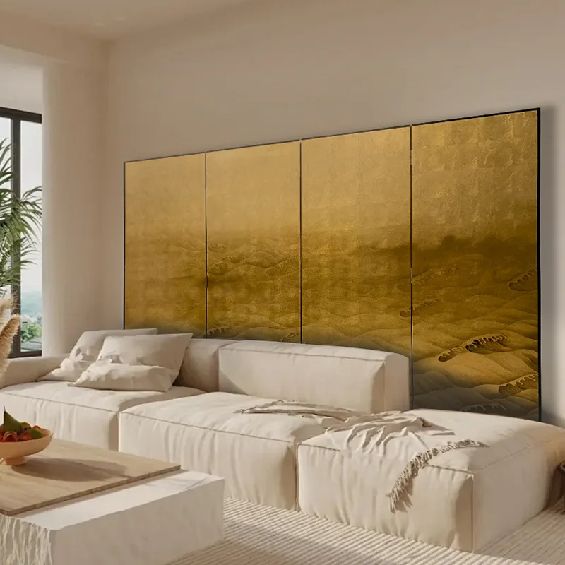 Foldable mobile solid wood screen, hand-painted meticulous landscape lacquer painting living room partition