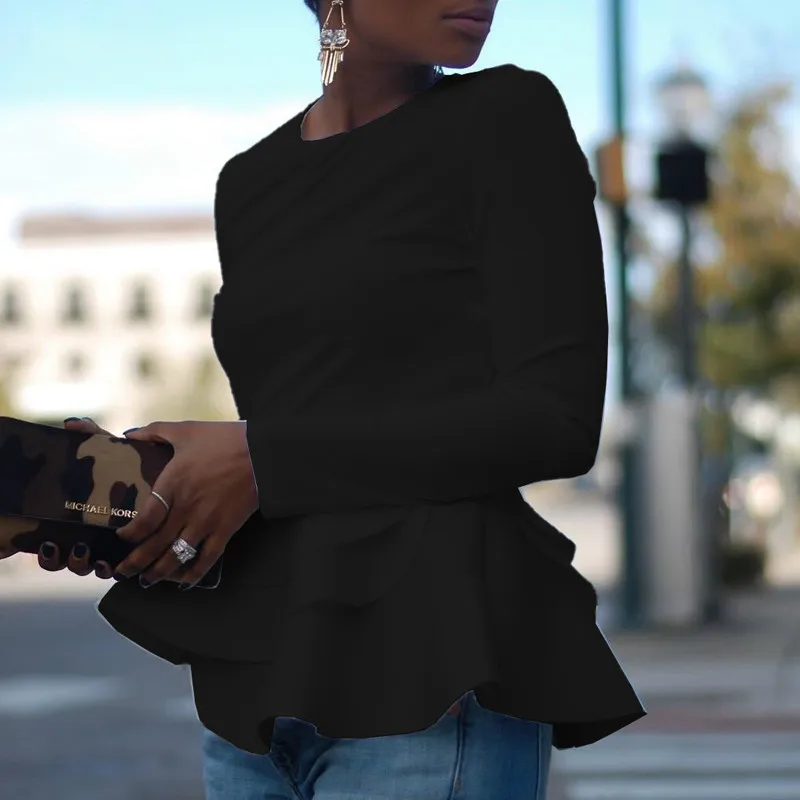 Autumn Winter Long Sleeve Women Tops Black Red Casual Tops Office Lady Elegant T-Shirts White Ruffle Solid Colors Streetwear New