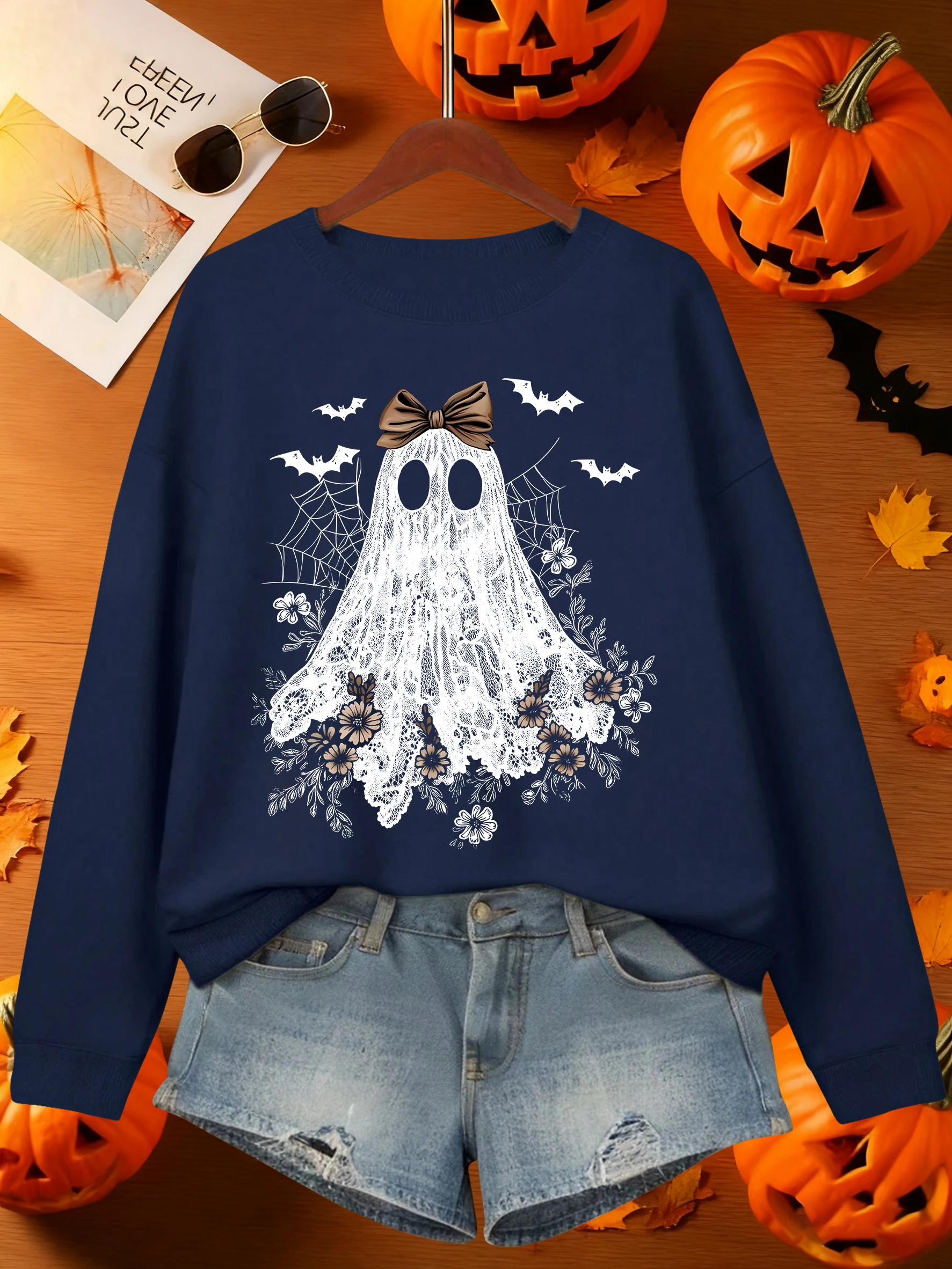 Happy Halloween Flowers Ghost Prints  Female Pullovers Hipster Casual Sweatshirt hip hop Loose Clothing Fleece Fashion Woman Top