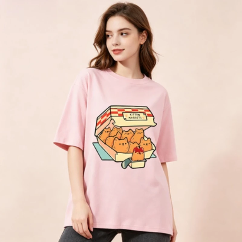 Soft Cotton Women Short Sleeve T-Shirt, Funny Kitten Nuggets Fast Food Box Print Crew Neck Basic Casual Tee Six Fashion Shades