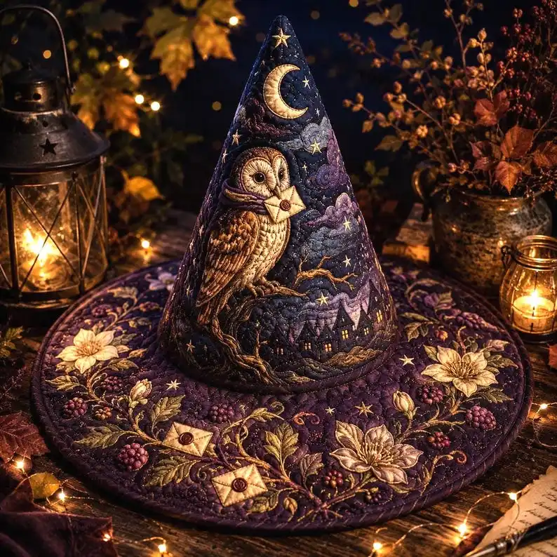 Quilted Witch Hat Owl Night Castle Floral Print Wide Brim Pointed Wizard Cap Halloween Cosplay Festival Headpiece