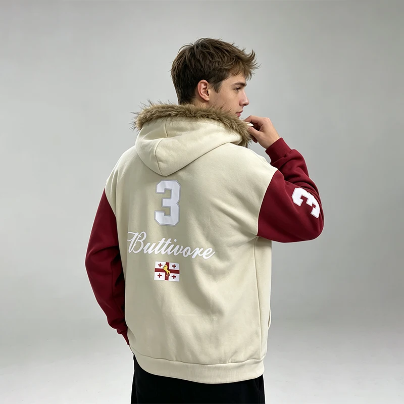 American retro zipper hooded sweatshirt with faux fur collar, contrasting sleeves, horse pattern, digital print hooded jacket