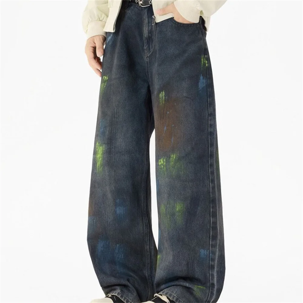 MWJLPWQ Paint Graffiti Splash-Ink Jeans For Men Punk Trendy Niche Autumn Loose Casual Distressed Straight-Leg Trousers 20273