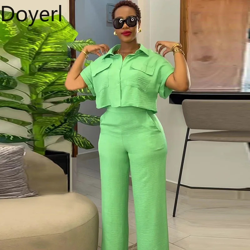 

Doyerl Casual Two Piece Set Woman Clothing Pockets Turn-down Collar Button Up Shirt Top and Wide Leg Pants Matching Sets Outfits