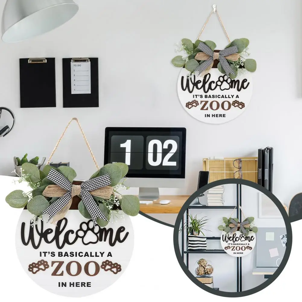 Front Door Welcome Sign 3D Rustic with Dog Paws Green Leaves Decoration Bow Tie Door Sign Home