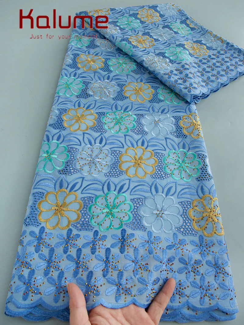 

Kalume Latest African Swiss Cotton Lace Fabric Embroidered Swiss Voile Lace in Switzerland with Stones for Nigerian Dress F4253
