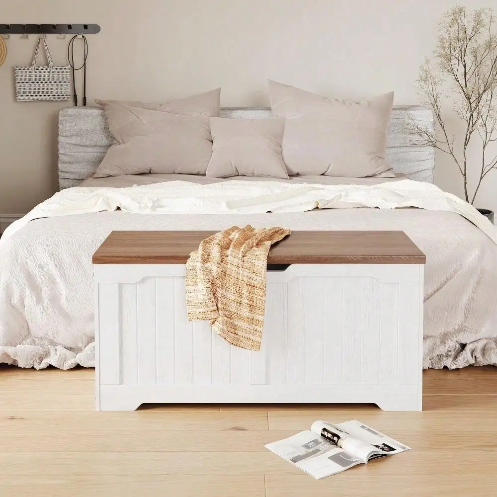 

Storage Bench With Farmhouse Design, Multifunctional Entryway Organizer And Toy Chest, Storage Chest With 2 Safety Hinges Ideal