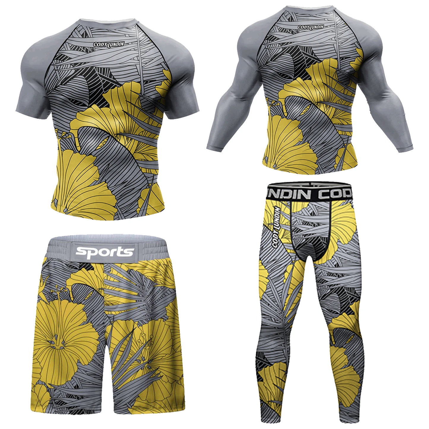 Cody Lundin T-shirt e pantaloni fitness modello giallo per uomo MMA Rashguard Jiu Jitsu Pantaloncini in jersey Palestra BJJ Tute sportive da boxe