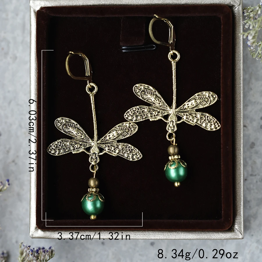 1pair Vintage green Stones dragonfly pendant earrings Fashion studs women's jewelry accessories earrings