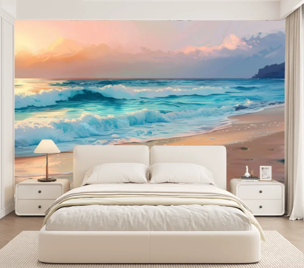 Customized Size Mural, Sea Beach, Blue Sky, White Cloud Wallpaper, Home Decoration, Living Room, Bedroom, Wave Decoration murals