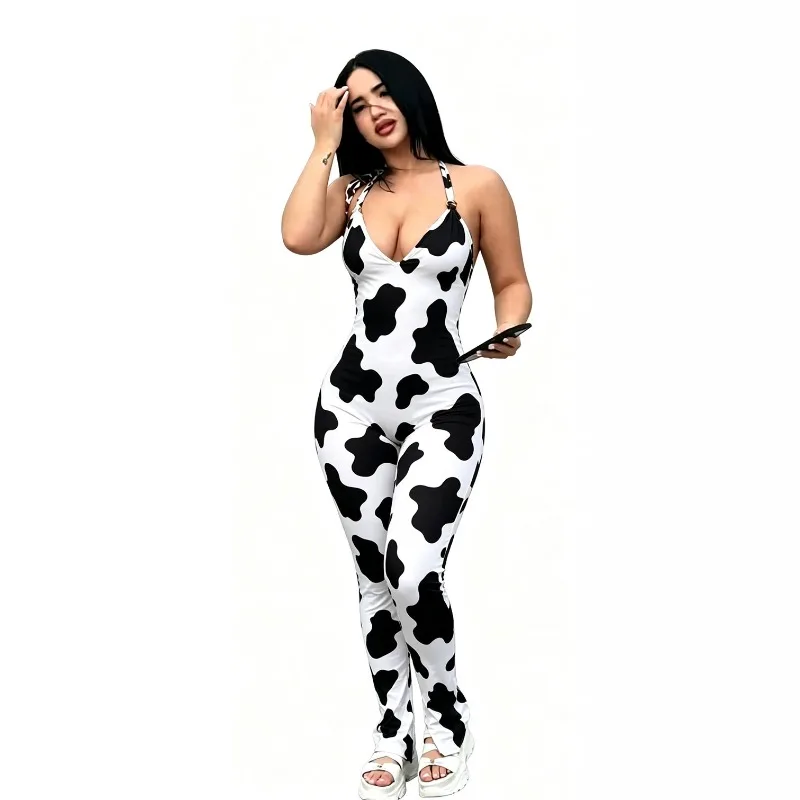 

Leopard Zebra Stripes Print Lace Up Halter Backless Skinny Jumpsuits Women Sexy V Neck Sleeveless Ruched Peach Hip Slim Overalls