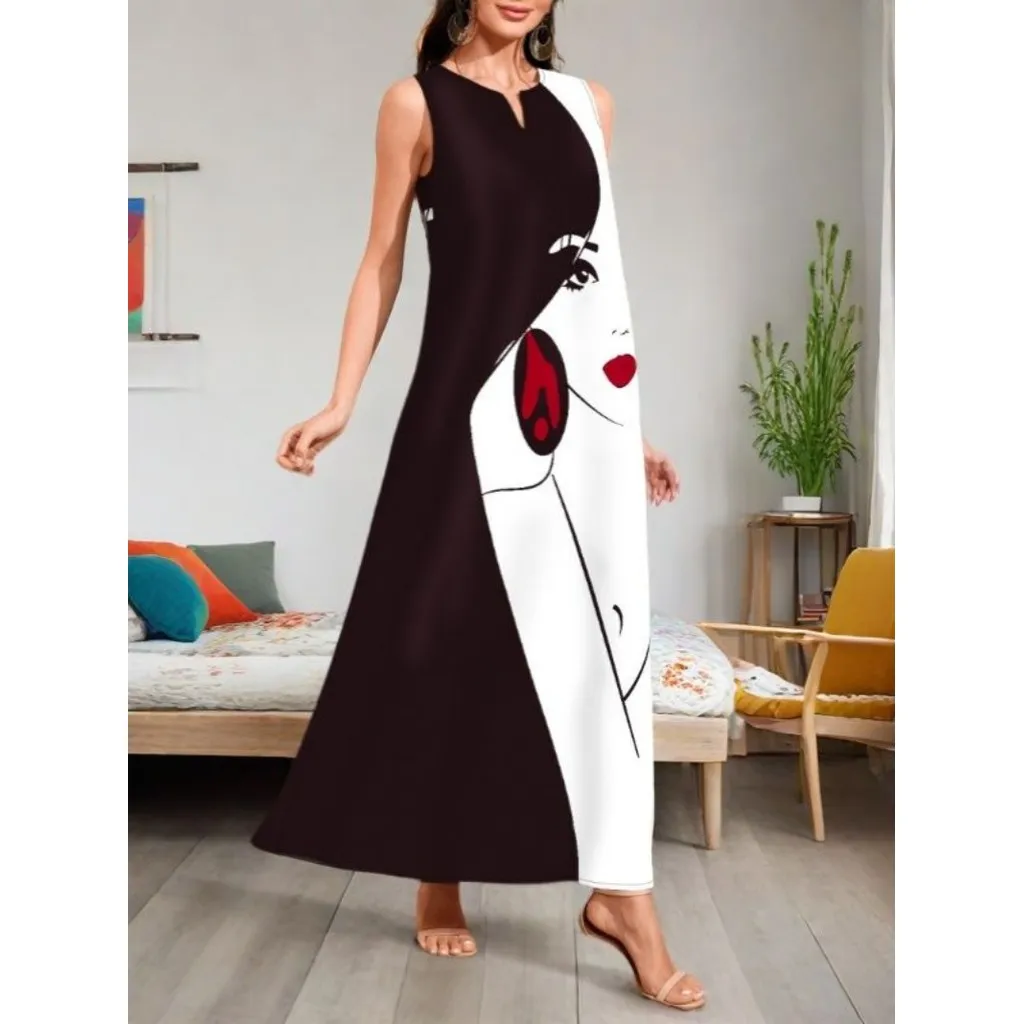 Printed V-neck Vest Dress, Casual and Elegant Double Pocket Sleeveless Dress, Suitable for Spring and Summer, Women's Wear