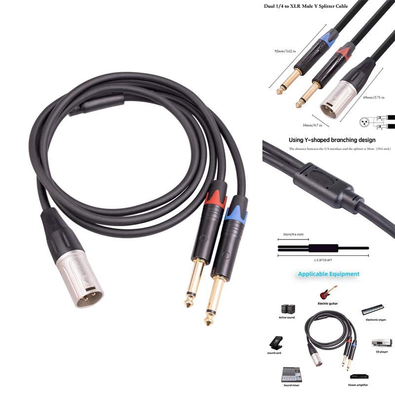 Dual 6.35Mm 1/4 In To XLR Male Y Splitter Cable,3Pin XLR Male To Dual 6.35Mm Plug Audio Microphone Cable