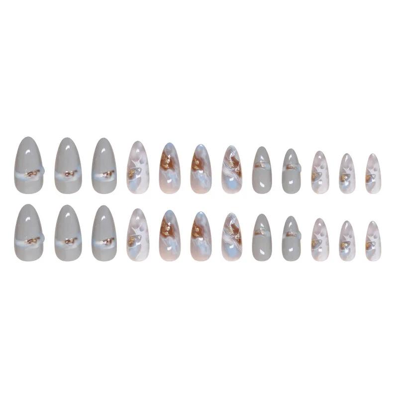 Elegant Ocean Theme Clear Blue Gradient Nail Tip Decoration Gold Glitter Embellishment 24pcs Stereo Nail Decoration