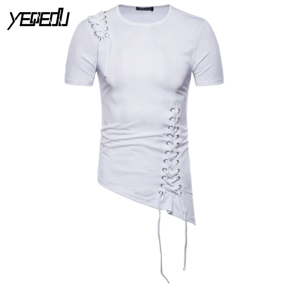 #4101 Bandage Hip Hop T Shirt Men Short Sleeve Black/White Asymmetrical Hem Punk Style Tee Shirt Homme Mens Clothing Euro Size