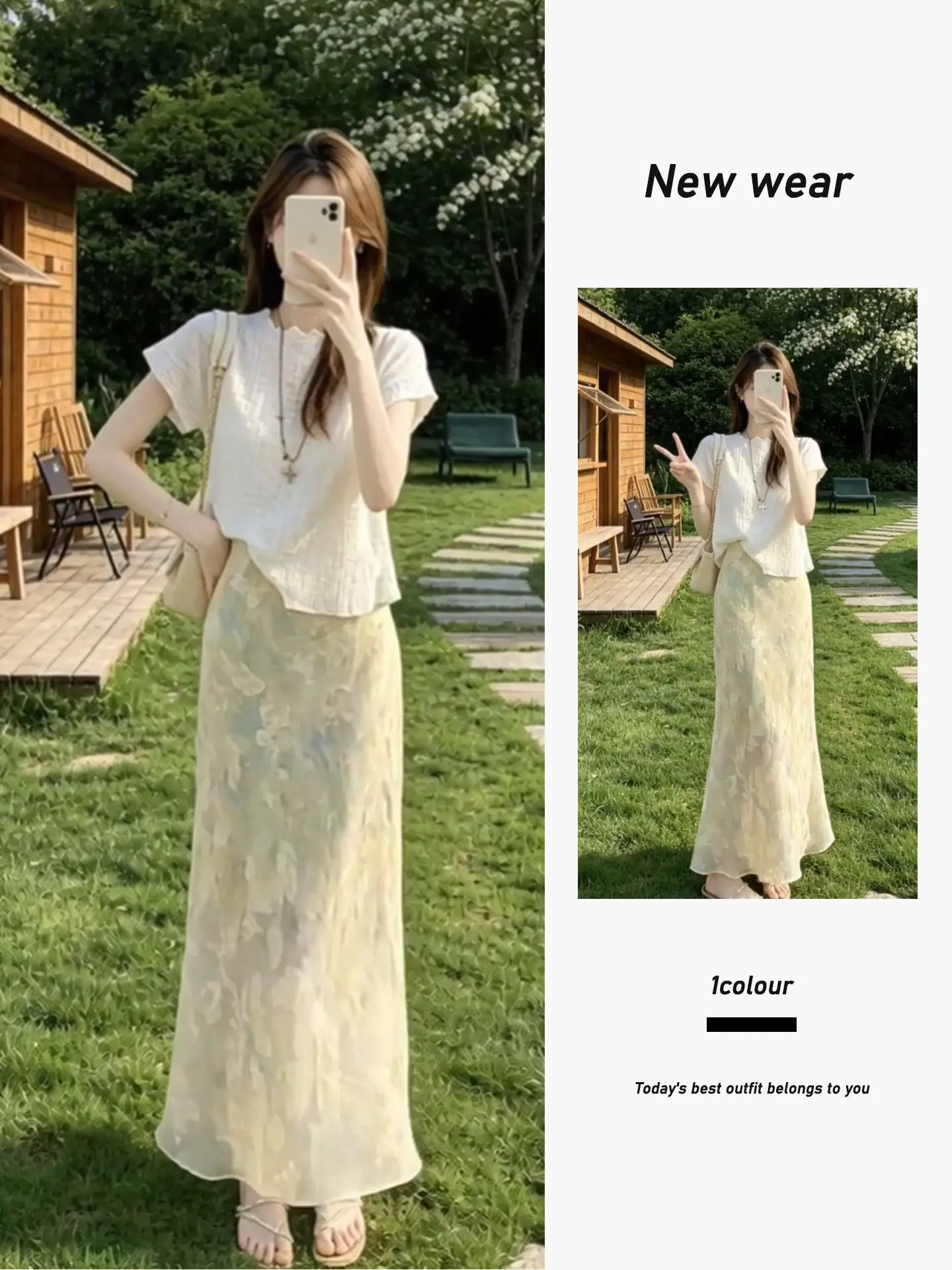 Beautiful Texture Short Sleeve A-Line Fish Tail Skirt Two-Piece Set High Waist Versatile  Style Casual Wear for Women