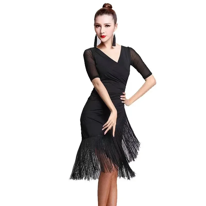 

Latin Dance Tassel Dress Profession Training Female Adult Summer Ballroom Tango Salsa Rumba Sumba Stage Costume Black/red S-4XL