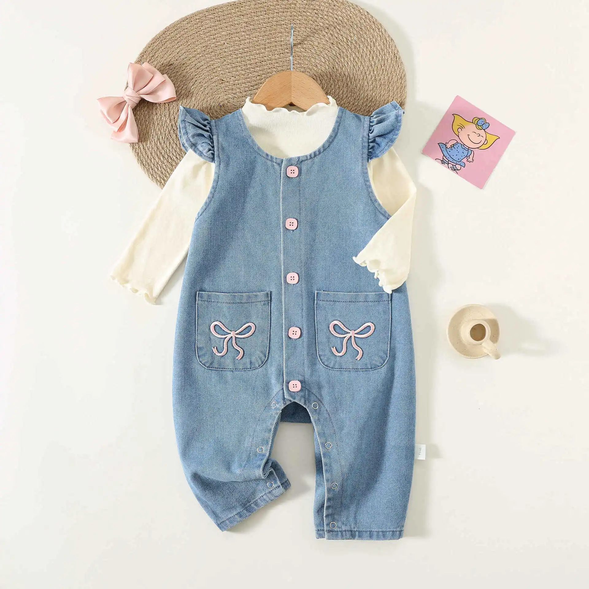 

Infants & toddlers Baby Cotton Denim Overalls Romper 2-Piece Set with Shirt Girl Autumn Outfit Trendy Princess Crawling Clothes