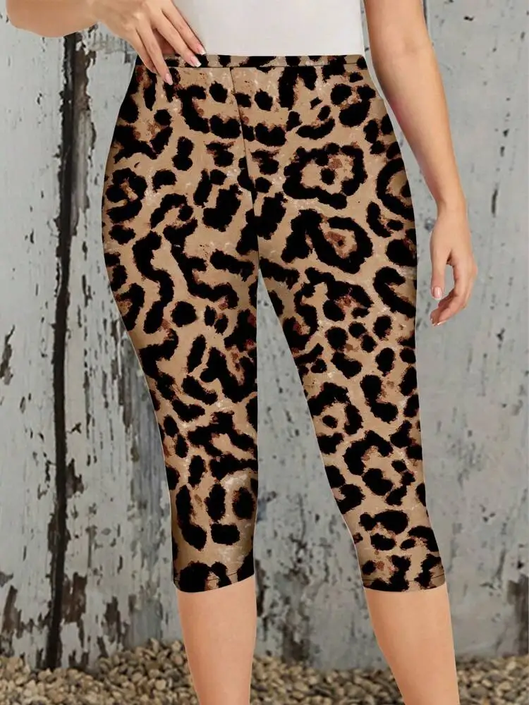 Leopard print stretch slimming elastic waist tight casual leggings capri pants for women spring/summer