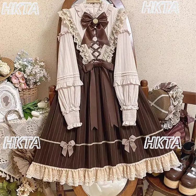 

Retro Cute Classical Lolita Long Sleeves Dress Women Spring Autum Op Brown Puffy Lolita Dress Q-line Short Sweet Princess Dress