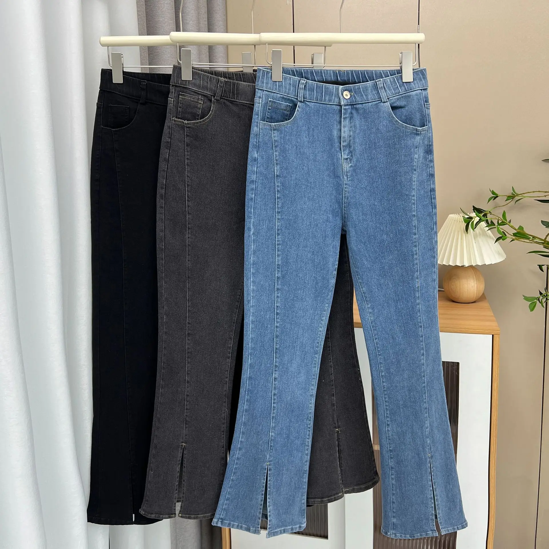 

2024, эластичные джинсы большого размера, женские потертые джинсовые расклешенные брюки с разрезом, весенне-осенние винтажные повседневные брюки, женские джинсы скинни