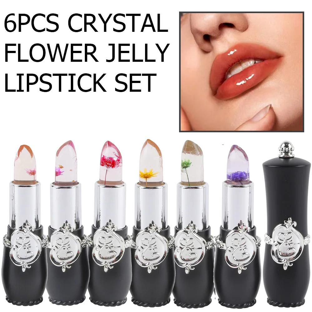 6-Kristall-Blumengelee-Lippenstift, langlebig, nahrhaft, Lippenbalsam, Feuchtigkeitscreme, magische Temperatur, Farbwechsel, Lipgloss