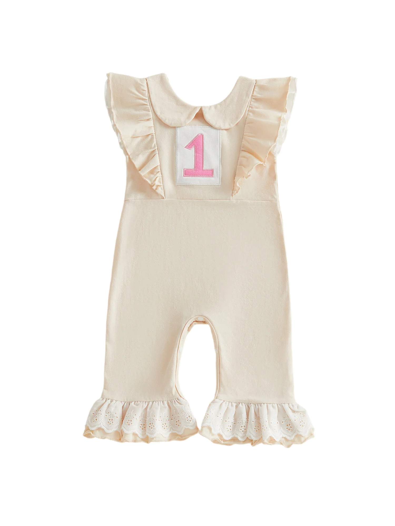 

Baby Girl Birthday Jumpsuit Bell Bottoms Number Embroidered Ruffled Trim Doll Collar Flying Sleeve Romper