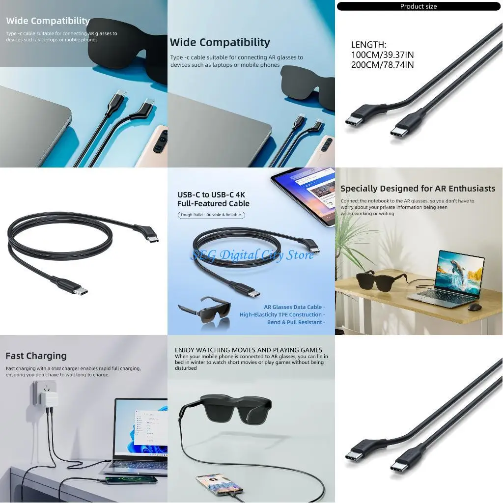 

U75B AR Glasses USB C Cable 10Gbps Data Transfer 60W Fast Charging 3.28ft 6.56ft Coaxial 4K@60Hz Display Durability