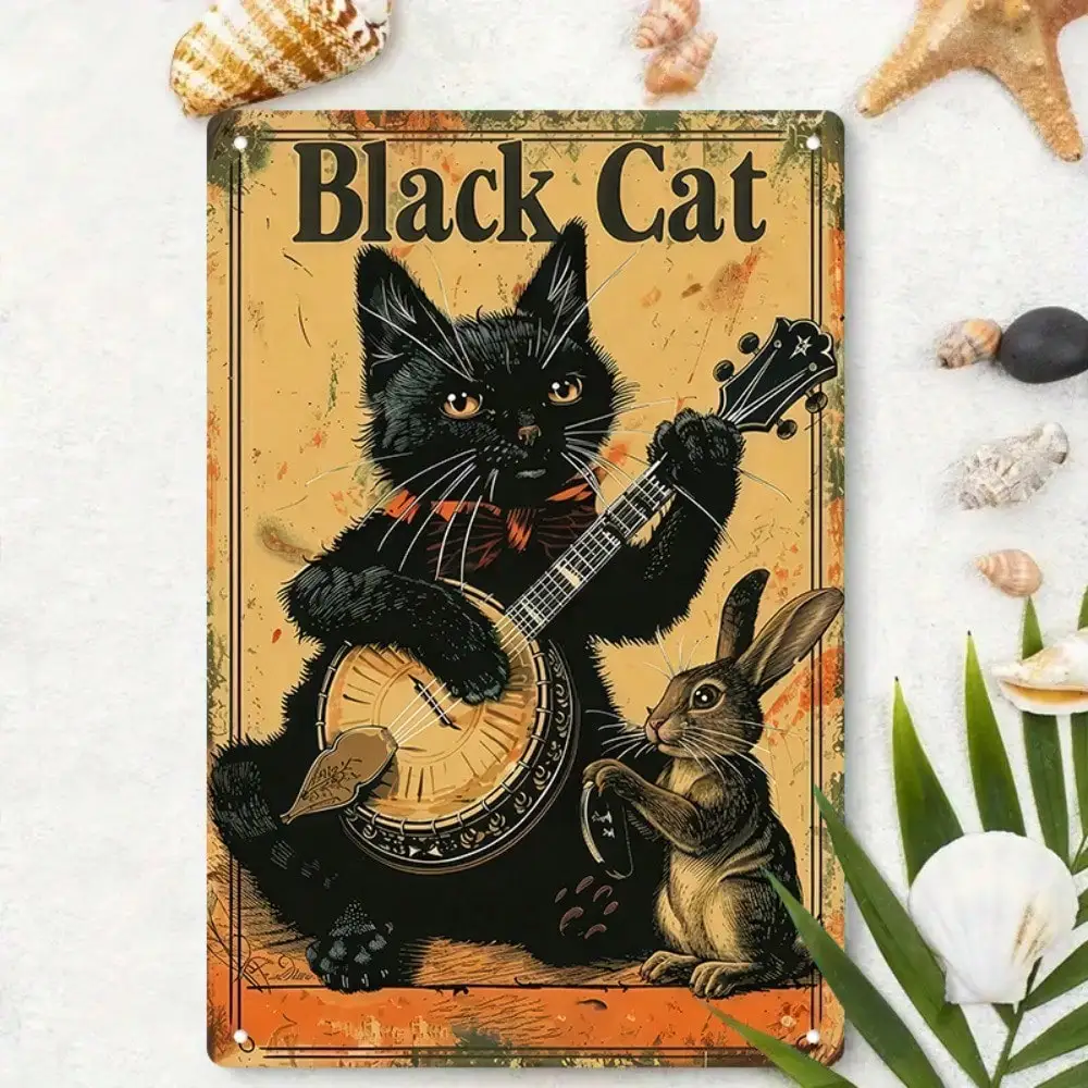 

1PC Tin Sign Retro Black Cat Playing Banjo - Vintage Music Art for Living Room/Music Room, Durable Metal, 8x12in/20x30cm