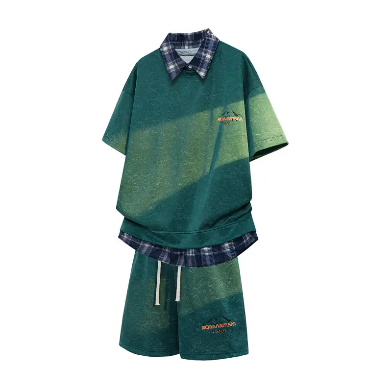 

High Quality Fake Two-Piece Set Shirt Collar Short Sleeve T-Shirt And Shorts Casual Sportswear for Teenagers Korean Hong Kong...